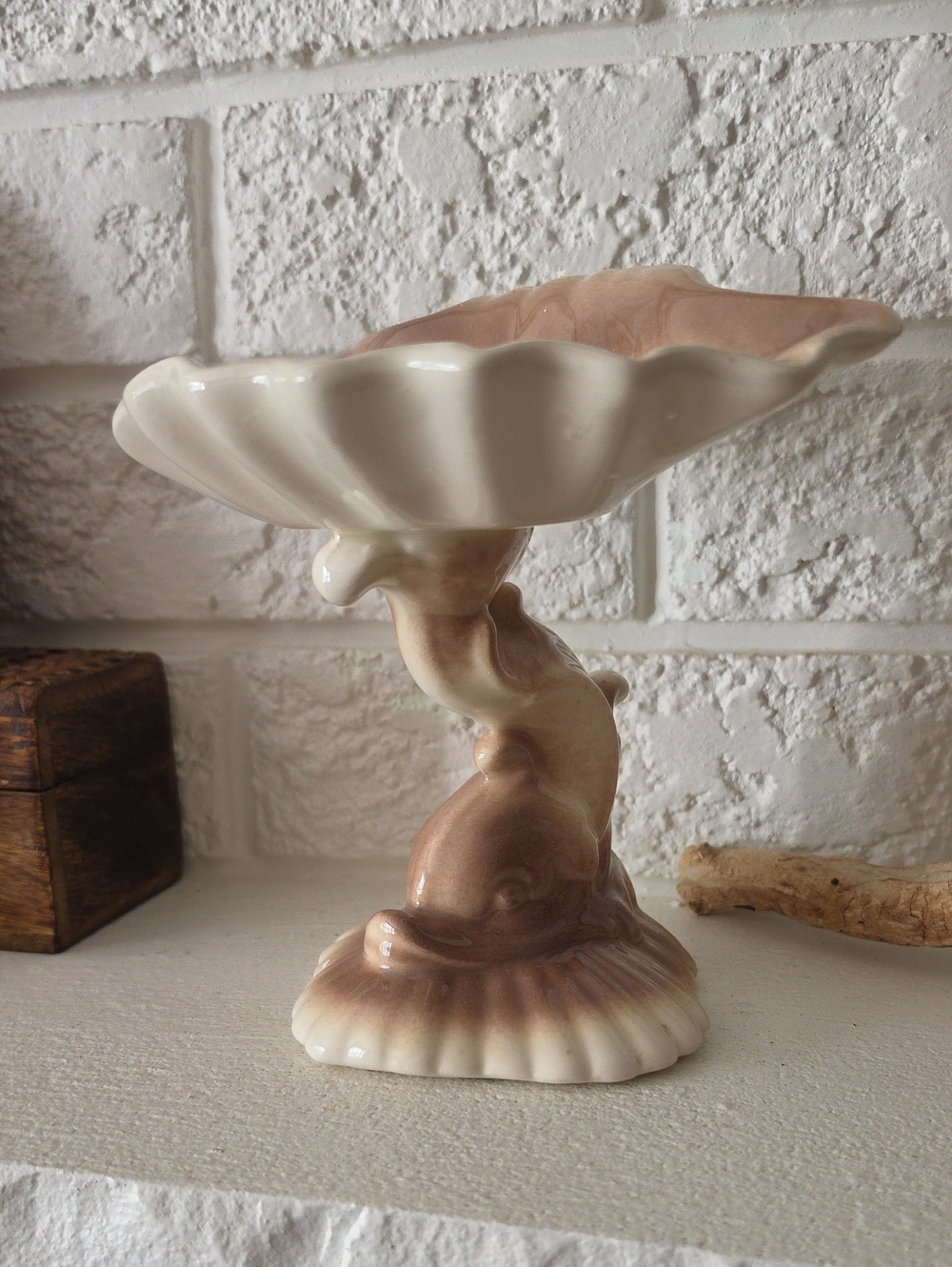 Cream and Light Brown Ceramic Dolphin Dish - Home Art Accent
